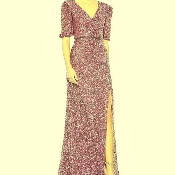 Mac Duggal Berry Purple Sequin Puff Sleeve Gown - Picture 1 of 5